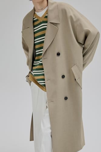 Image of Mens Oversized Long Trench Coat Double Breasted Lapel Windproof Overcoat With Belt