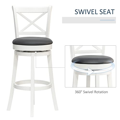 Homcom Traditional Bar Stool, 31 Inch Seat Height Barstool, Swivel Pu Leather Upholstered Chair, With Cross Back And Rubberwood Frame, Cream White #TOP4