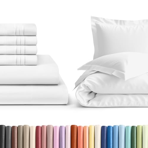 CGK Linens 6 Piece White Queen Bed Sheet Set with Duvet Cover - 8 to 16 inch Deep Pockets - 1 Flat, 1 Fitted Sheet and 4 Pillowcases - Oeko-TEX - Ultra Soft, Breathable and Wrinkle Free - Hotel Luxury
