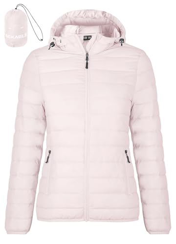 Zdoynto Steppjacke Damen Leichte Daunenjacke Packbare Puffer Jacke mit Kapuze Warme Winterjacke Lightweight Herbst Winter Übergang Hellrosa L