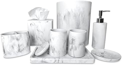 8 PCS White Marble Resin Bathroom Accessory Set, Modern Marble Bathroom Set - Bathroom Soap Dispenser and Toothbrush Holder Set, Tumbler, Soap Dish, Cotton Jar, Amenity Tray, Tissue Box & Waste Basket
