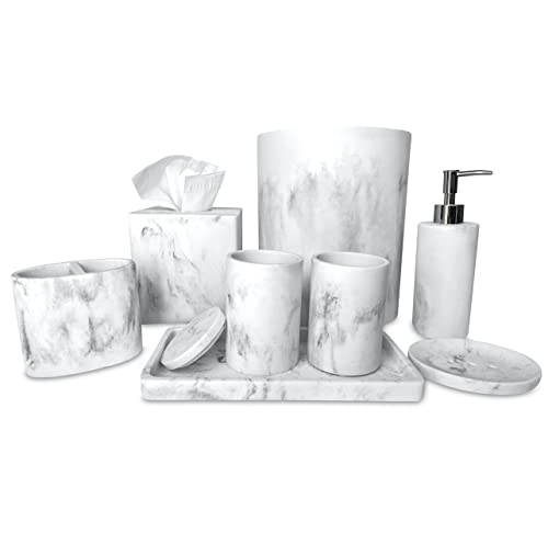 8 Pcs White Marble Resin Bathroom Accessory Set, Modern Marble Bathroom Set - Bathroom Soap Dispenser And Toothbrush Holder Set, Tumbler, Soap Dish, Cotton Jar, Amenity Tray, Tissue Box & Waste Basket #TOP25