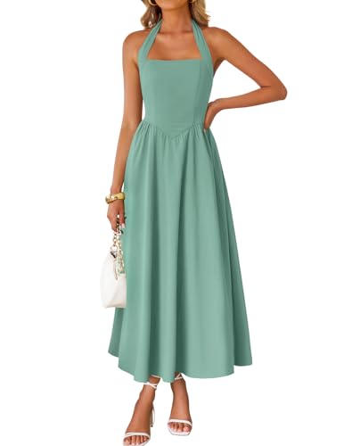 ZESICA Ärmelloses Neckholder-Midikleid für Damen, schulterfrei, hohe Taille, schwingend, fließend, Strand, Lange Kleider, Salbei, Klein