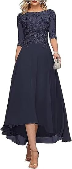 3/4 Chiffon Mother of The Bride Dresses with Pockets Lace Applique Tea Length Chiffon Formal Dresses