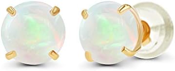 14K Yellow Gold Plated Sterling Silver 6mm Round Natural Opal October Birthstone Prong Set Stud Earrings For Women and Girls