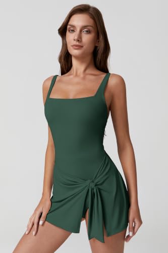 Image of QINSEN Square Neck Swim Dress for Women Tummy Control One Piece Swimsuit Wrap Bathing Suit