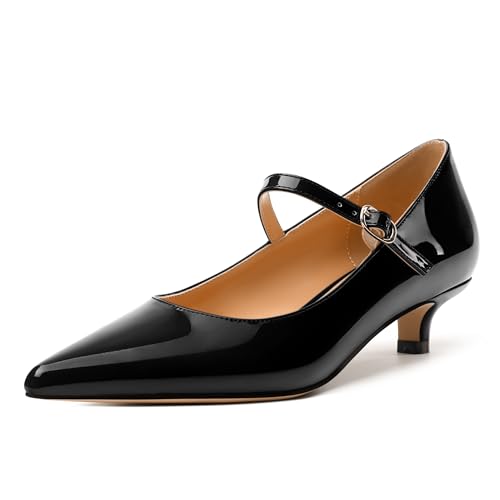 SKYSTERRY Mary Jane Shoes Women Pointed Closed Toe Low Kitten Heels Patent Leather Shoes Ankle Buckle Pumps Strappy Heels Dress Shoes for Women Work Comfortable Elegant