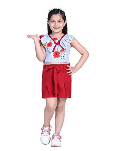 Image of Naughty Ninos Girls Blue Floral Printed Top with Red Shorts