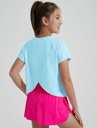 Image of EXARUS Girls Athletic Shirts Quick Dry Workout Split Back Crop Tops 6-14Y | Tween Athletic Sports Soccer Activewear Gym Running Dri Fit Teen Tennis Performance Hiking Short Sleeve Tees Kids 6-14Y