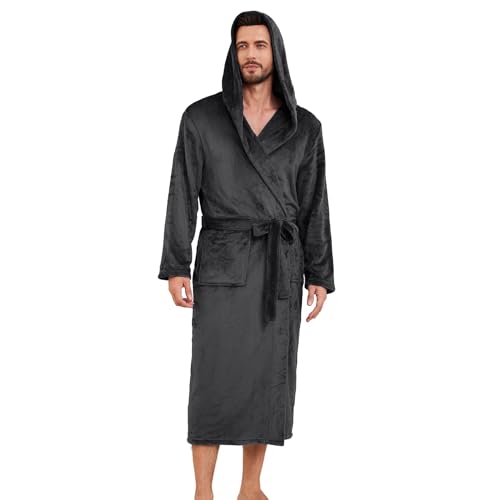 Image of EK4YDNDS Mens Hooded Fleece Robe, Lightweight Soft Warm Fleece Bathrobe Shower Spa Long Robe With Pockets