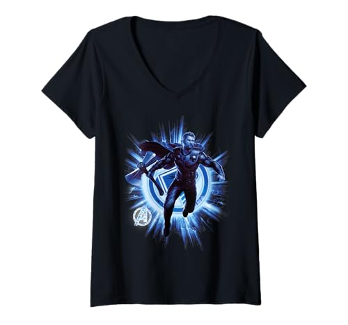 Image of Womens Marvel Avengers Endgame Thor Blast Poster V-Neck T-Shirt