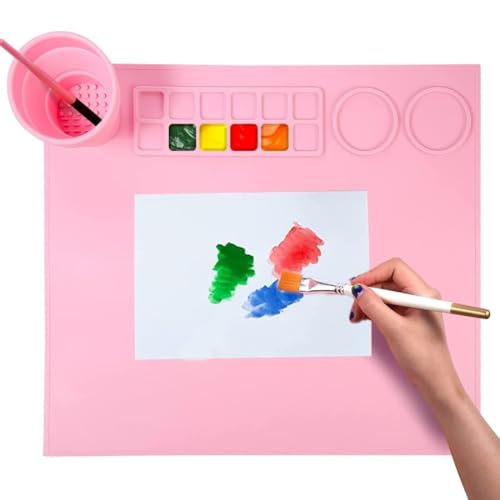 Wenrescry Silikon Bastelmatte für Kinder, 38×42 cm Malunterlage mit Faltbarem Wasserbecher, Rutschfest & Abwaschbar – Für Malerei, Ton, Harz, DIY und Kreativprojekte