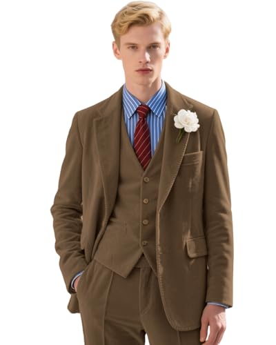 Retro Men Suit Slim Fit 3 Piece Mens Corduroy Suit Formal Casual Corduroy Blazer Vest Pants Set for Wedding Prom Tuxedos