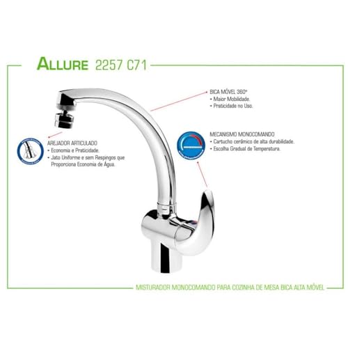 Monocomando Cozinha Mesa Bica Alta Móvel Allure 2257 C71, Lorenzetti, 7048163, Cromado