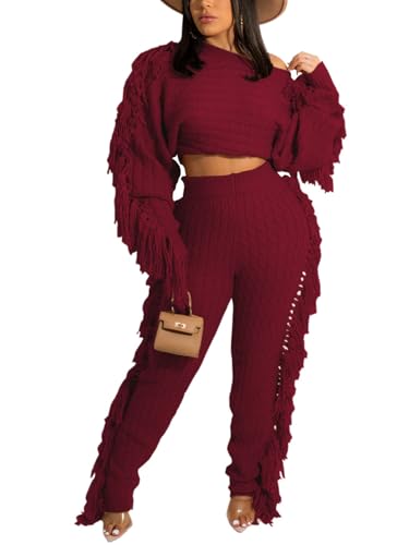 Angsuttc 2 Piece Pants Outfits for Women Knitted Tassels Solid