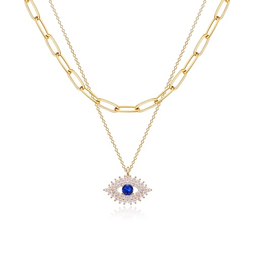 Jenosy Gold Evil Eye Layered Necklace - Personalised Dainty Choker - 18K Gold Plated - Womens Jewellery Gift