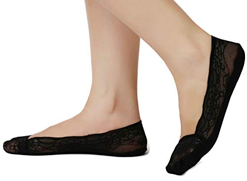 JARSEEN 4Paia Donna Calzini Fantasmini Pizzo Nylon Cotone Invisible Salvapiede Ballerina Calze con Gel Antiscivolo (4Nero, EU 36-38.5)