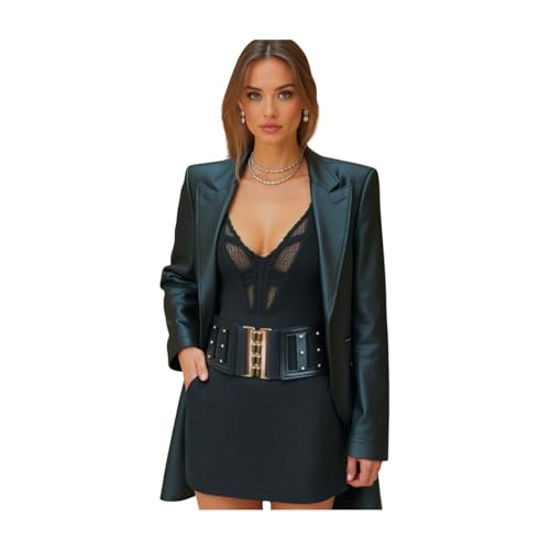 Women Fashion Black Wide Elastic Waistband Belt Hip High Waist Silver Metal Buckle Fit Size S M4