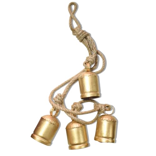 Christmas Hanging Large Cow Bells - Rustic Golden Metal Bells for Farmhouse, Garden & Holiday Décor (Long Rope (29 x 4 x 2 Inch)