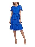 Jessica Howard Womens Blue Zippered Belted Textured Chiffon Tiered Flutter Sleeve Scoop Neck Knee Length Evening Fit + Flare Dress Petites 10P
