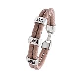 Pulsera con Nombres Personalizada. Piezas Baño Plata y Cuero Auténtico Español. Tallas a Personalizar. Colores. Pulsera Hombre con Nombres. Estuche Incluido. Modelo (Trenzado Doble Rosa)