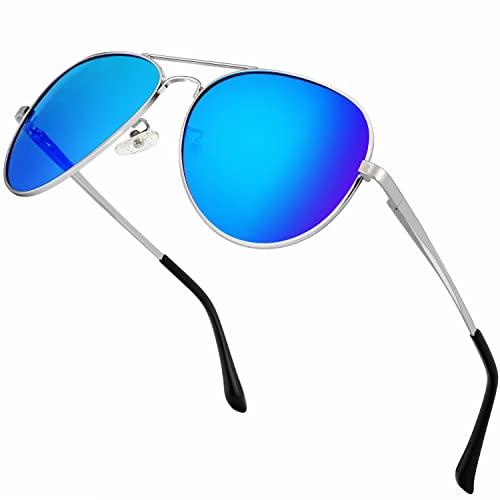 ANYLUV Pilot Sunglasses Mens, Polarised Sunglasses Men Women Classic Black Shades Metal Frame with UV Protection (Silver/Dark Blue)