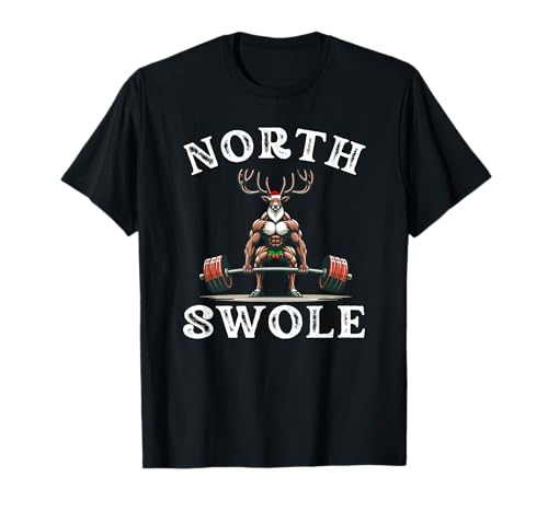Merry Liftmas Apparel Co. North Swole Funny Workout Reindeer Gym Joke Christmas T-Shirt - Unisex-Adults, Black, Small, Short Sleeve, T-Shirt