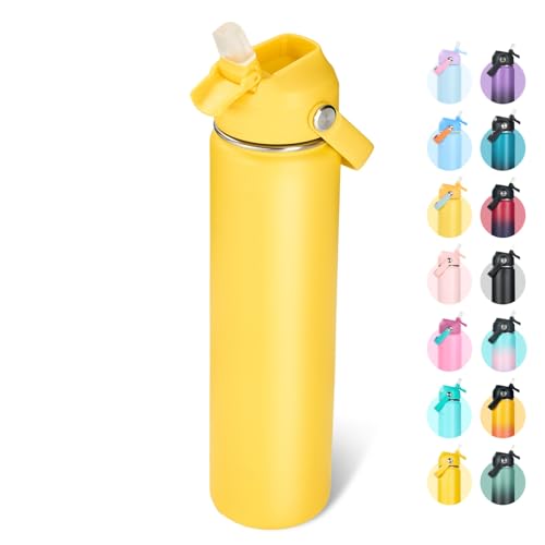 Fijinhom 24oz Insulated Stainless Steel Water Bottle, Wide Mouth Double Wall Vacuum, Silicone Straw, Sweat & Leak Proof, BPA Free Insulated Water Flask for Travel, Keep Cold 24h Hot 12h, Yellow