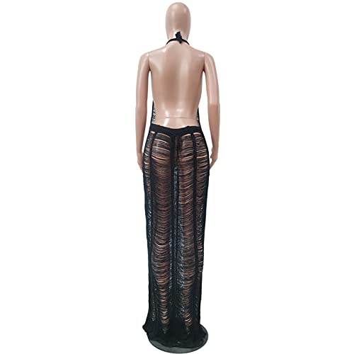 Women Sexy Halter Sleeveless Mesh See Through Crochet Maxi Long Dress Backless Knitted Beach Bikini Swimsuit Cover Ups4