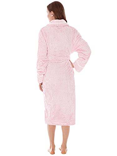 Pavilia Women Plush Fleece Robe, Light Pink Soft Textured Bathrobe, Lady Cozy Spa Long Robe, Fuzzy Satin Waffle Trim, S/M #TOP1