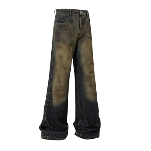 Men's Mud Dye Straight Washed Gradient Jeans, Baggy Loose Fit, High Street Denim Trousers