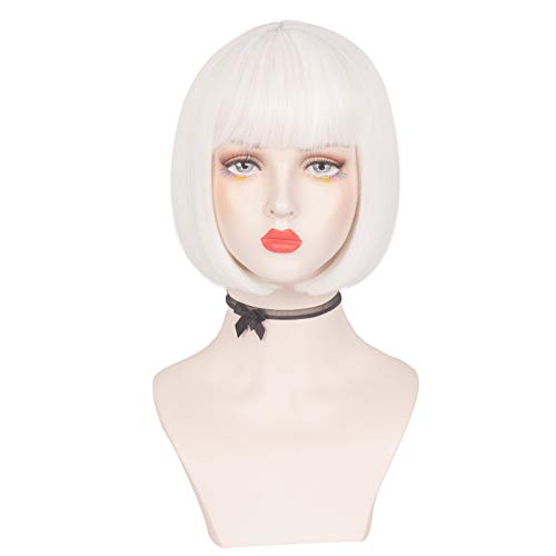 Askuang Womens' Bob Wigs Short White Wig with Bangs Short Bob Bang White Wig for Party Halloween Costume Cosplay 10 Inches