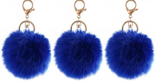 NOVAGO Lot de 3 Pompon Porte Clé Bijou de Sac à Main en véritable Poil de Lapin de qualité, Toucher Doux Garanti (Bleu Foncé)