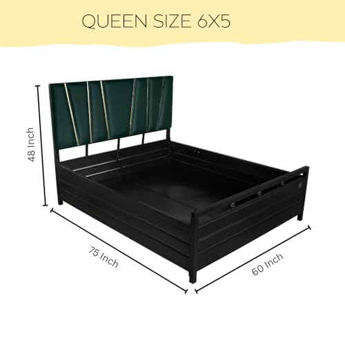 Image of Furniture Beliza Metal Bed Frame with Hydraulic Storage, Queen Size Platform Bed, Bed with Storage, Iron Bed Frame - Black (Pine Headboard) (Queen Size 6X5 Without Mattress)