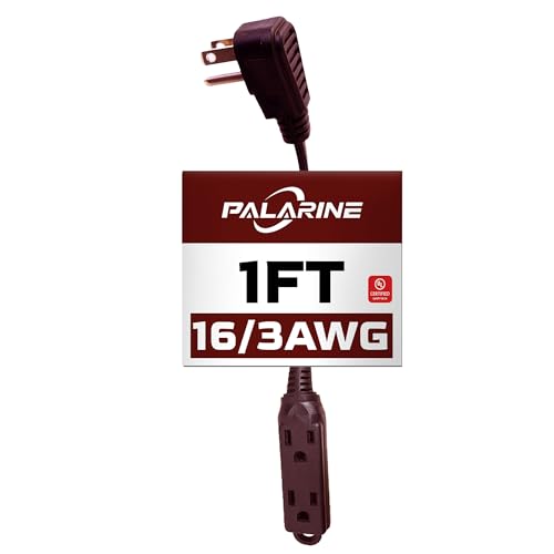 1 Ft Brown Flat Plug Extension Cord with 3 Outlets, 16 Gauge Heavy Duty
