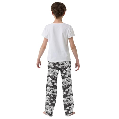 Retro Dragon Print Boys Long Pants Soft Trousers Elastic Waist Kids Lounge Bottoms with Pockets S-XL3