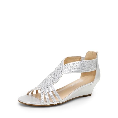 DREAM PAIRS Women's Open Toe Low Wedges Sandals, Rhinestone Strappy Zipper Dress Shoes, Summer Wedding Party Travel Shoes 8.5 Silver