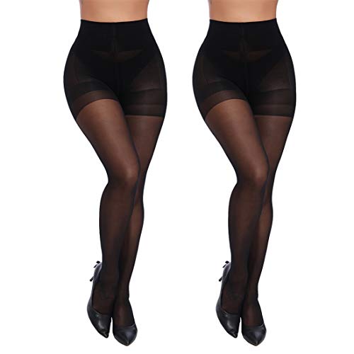 Charmnight 2 Pairs Tights for Women Plus Size Pantyhose Control-Top 40 Denier(black)