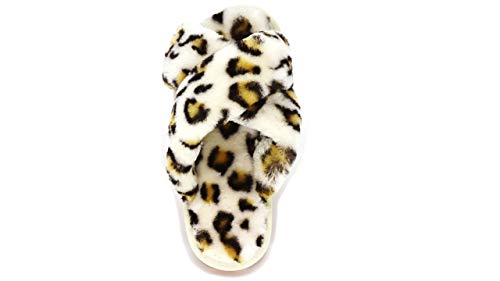 Women's Fuzzy Cross Band House Slippers Soft Plush Furry Fur Open Toe Cozy Memory Foam Winter Warm Comfy Slip On Breathable Sandals Indoor Outdoor Slippers For Women And Girls (06/Beige,Leopard 7-8) #TOP3