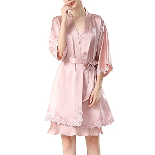 Chemise de Nuit en 100% Soie et Peignoir enveloppant manche 3/4 dentelle femme