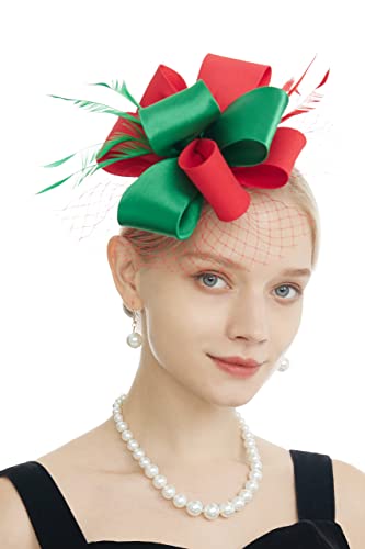 Myjoyday Women's Fascinators Hat For Tea Party Church Cocktail, Feathers Veil Headband With Hair Clip (Red & Green) #TOP1