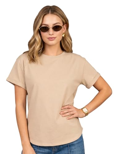 Image of JUNEBERRY Pure 100% Cotton Oversized Loose Fit Drop Shoulder Round Neck Boyfriend Fit Solid Half Sleeves T-Shirt for Women & Girls (Sizes: S to 2XL)
