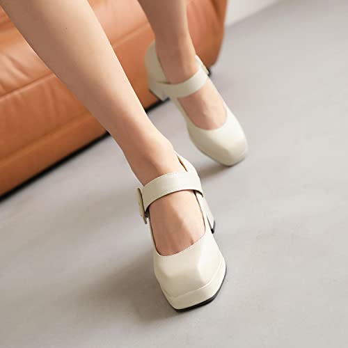 Lehoor Beige Chunky Mary Jane Shoes Women Platform Beige 3 Inch Square Toe Dress Beige Wedding Shoes Goth Punk Heel Closed Toe Beige Sandals Ladies Girls Dressy Office Work Matte Beige 9 M Us #TOP4