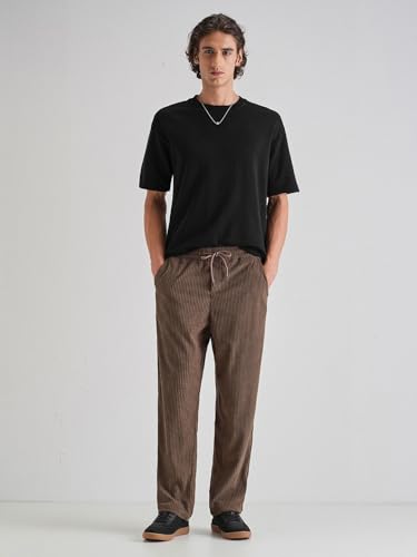 Image of Banana Club Deep Black Corduroy Pant - Regular Fit, Solid, Corduroy Casual Trousers with Textured Fabric, Comfortable Fit