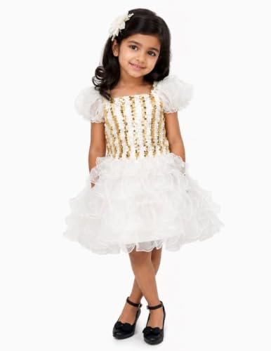 Image of BookMyCostume White & Golden Sequin Western Dance Costume for Girls | Stylish Top with Frill Sleeves & White Fluffy Skirt | Western Dance Costume for Kids| 6-7 Years