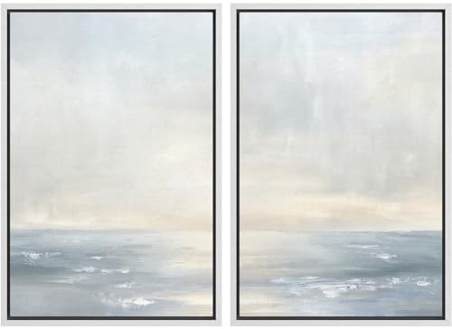 SIGNLEADER Framed Canvas Print Wall Art Set Minimalist Ocean Horizon Soft Blue Coastal Seascape Illustrations Modern Relax/Calm for Living Room, Bedroom, Office - 16"" x24 x2 WHITE
