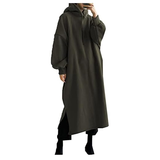 WAEKQIANG Damtröja med huva höst/vintermode fleece medellång långärmad pullover tröja, Armégrön, XL