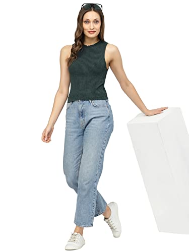 Image of Kalt Womens Knitted, Ribbed Cotton Fitted Sleeveless Round Neck Cami Tank Top