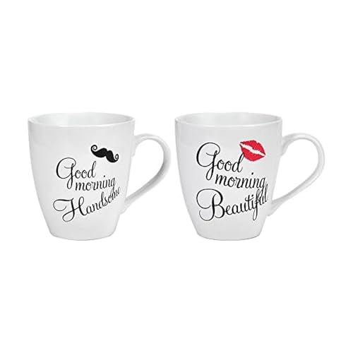 Pfaltzgraff Porcelain Good Morning His & Hers Mugs Set of 2,Beautiful/Handsome - 5147320, 18 ounce