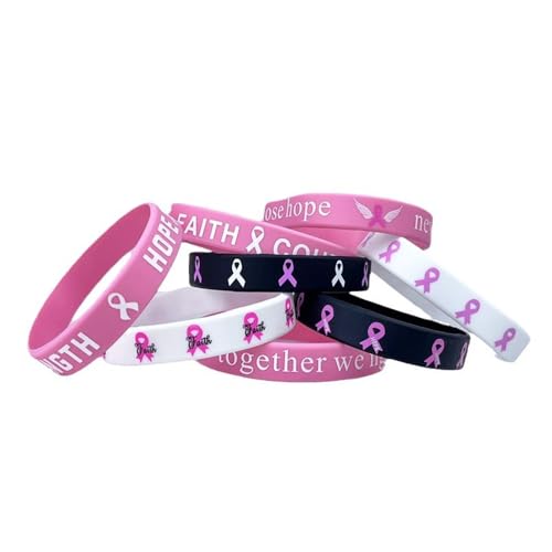 Breast Cancer Awareness Silicone Bracelets - Pink Ribbon Inspirational Wristbands with Hope/Faith Quotes - Support Charity, Gifts & Daily Wear